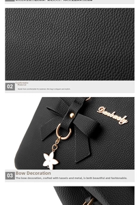 Close-up of black PU leather texture with gold logo and elegant bow pendant detail