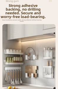 Macro detail of wall-mounted kitchen rack with seasoning organizers and storage hooks