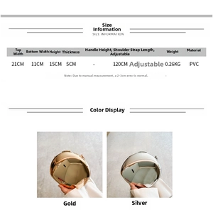 Detailed size specifications for a metallic acrylic crossbody bag showing dimensions and strap length