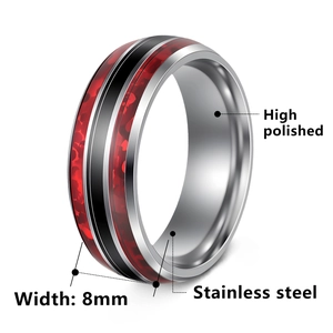 Polished 8mm stainless steel ring with black and red carbon fiber inlay on white background