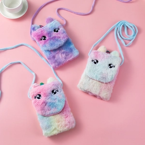 Plush unicorn crossbody bags in rainbow gradient faux fur with cute cartoon embroidery