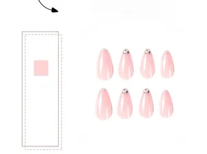 Detail of pink almond-shaped press-on nails with glitter tips and a glossy mirror finish