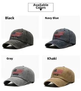 Detailed view of vintage washed cotton baseball caps with USA embroidery in four colors