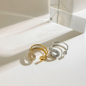 18K gold plated stainless steel paperclip open ring with cubic zirconia pave