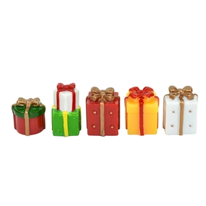 Set of five colorful resin Christmas gift box ornaments with golden ribbon bows