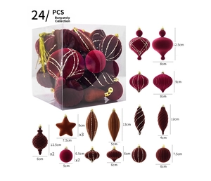 Detail view of 24pcs burgundy velvet Christmas tree ornaments in varied shapes and sizes