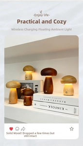 Detail view of wooden mushroom lamp with touch sensor and wireless charging function