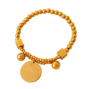 18k gold plated titanium steel bead bracelet with engraved coin and square charms