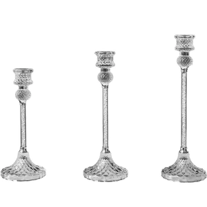 Set of 3 modern clear glass candle holders with crystal fill and diamond cut texture