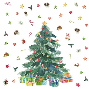 Watercolor Christmas tree wall decal with colorful gift boxes and festive star ornaments