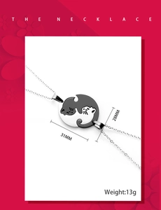 Detailed size view of black and white yin yang cat pendant necklace with 31mm dimension