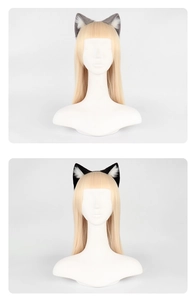 Detail of handmade plush cat ear headbands in grey and black on a golden wig