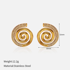 Detailed view of 32mm stainless steel spiral earrings with white rhinestones