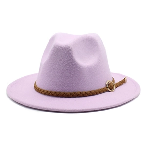 Cappello fedora in lana lavanda a tesa larga con fascia in pelle intrecciata e fibbia