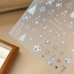 Silver Christmas 3D embossed nail stickers featuring snowflakes, trees and reindeer