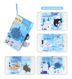 Detail view of Arctic World cloth book pages with polar bear and seal animal patterns