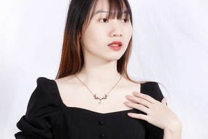 Gros plan d'un collier en bois de cerf or rose avec zircon sur un mannequin féminin