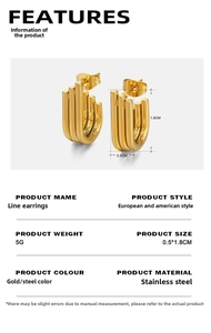 Detail showing dimensions and material of triple-layered irregular gold stainless steel earrings