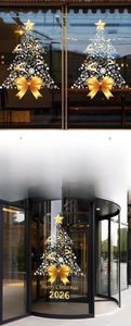 Goldener Weihnachtsbaum Fensteraufkleber mit Schleife und Rentier-Motiven für Glas