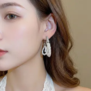 French layered pearl hoop earrings with zircon horseshoe buckle and elegant tassels