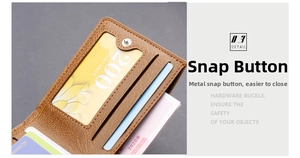 Detailed view of brown lychee leather wallet with snap button and card slots