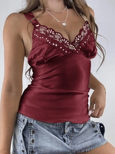 Y2K style wine red silk camisole with black lace trim and rhinestone details for women