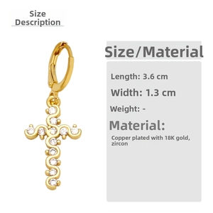 Detailed size parameters of gold cross earrings with zircon pavé measuring 3.6cm by 1.3cm