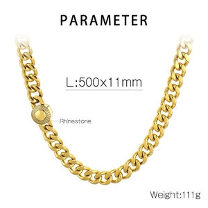 Detail showing 500x11mm golden Cuban link necklace specs with rhinestone clasp