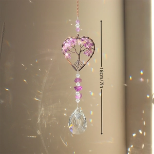 Tree of Life amethyst heart suncatcher with crystal pendant and rainbow refraction