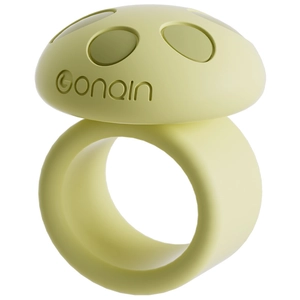 Yellow mushroom shaped silicone vibrating ring on white background from a front angle