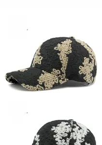 Macro detail of ethnic jacquard textured fabric on a structured winter baseball cap
