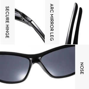 Detail view of the secure hinge, arc mirror legs and nose pads on black Y2K sunglasses