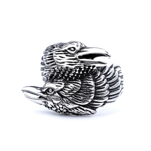 Gothic double eagle head wrap ring in vintage stainless steel with a distressed silver finish