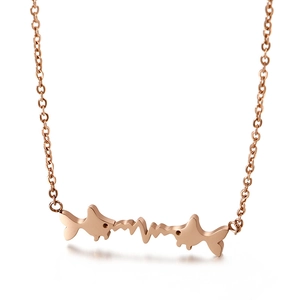 Rose gold stainless steel necklace with Pisces fish and heartbeat line pendant
