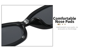 Detail of square sunglasses featuring comfortable integrated nose pads and glossy frame