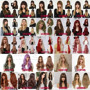 Collage of long wavy and straight synthetic wigs with bangs in diverse gradient colors