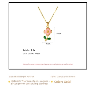 Detailed view of flower pendant necklace showing precise measurements and gold finish plating