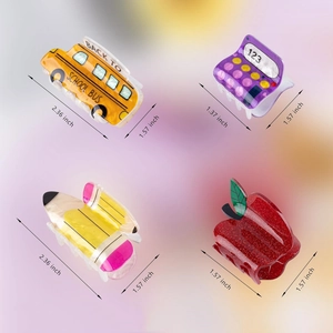 Détails de pinces à cheveux créatives en acrylique bus scolaire, crayon et pomme