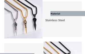 Detailed view of 18K gold plated vajra pestle pendants in gold, silver and black finishes
