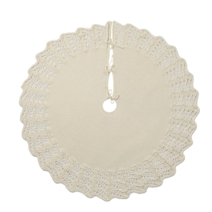 Knitted Christmas tree skirt in cream white with hollow wave edge and ribbon ties