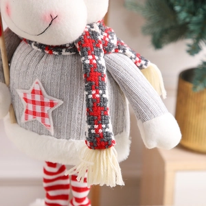 Plush Christmas gnome doll with gray striped sweater and plaid scarf for holiday decoration