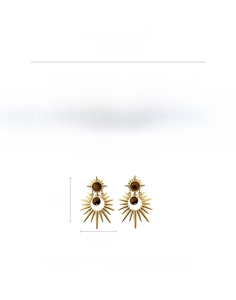 Detail showing gold sunburst earrings with tiger eye stone and cubic zirconia inlay