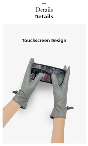Dettaglio dei guanti touchscreen in pelle PU grigio chiaro con fiocco per donna