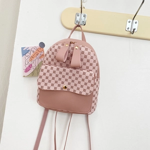 Pink printed PU leather mini backpack for women with vintage geometric patterns and gold zippers
