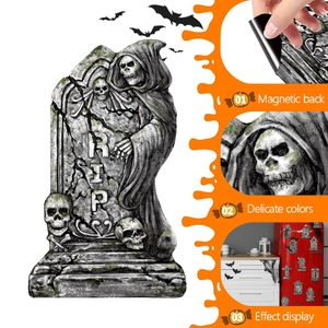 Detail view of magnetic tombstone reaper sticker with RIP text and magnetic back