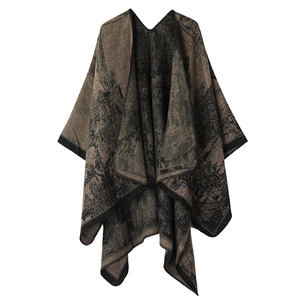 Vintage bruine sjaal cape met landschapspatroon en contrasterende zwarte biesrand