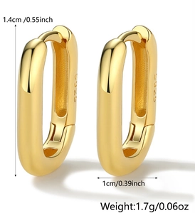 Macro view of gold S925 sterling silver rectangular hoop earrings showing 1.4cm size