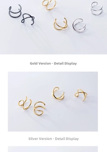 Detailed view of minimalist double-layer ear cuffs in gold, silver, and black finishes