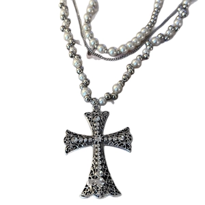 Vintage silver layered necklace with rhinestone cross pendant and white pearl beads strand