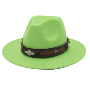 Detail of neon green wide brim fedora hat with vintage metal buckle and leather band